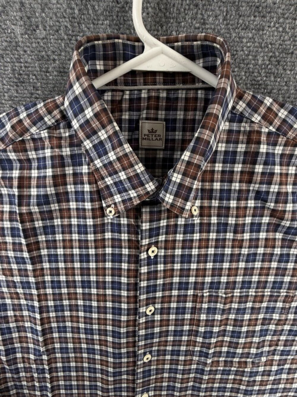 Peter Millar Blue Brown Large Cotton Button-Down Plaid Long Sleeve Golf Shirt
